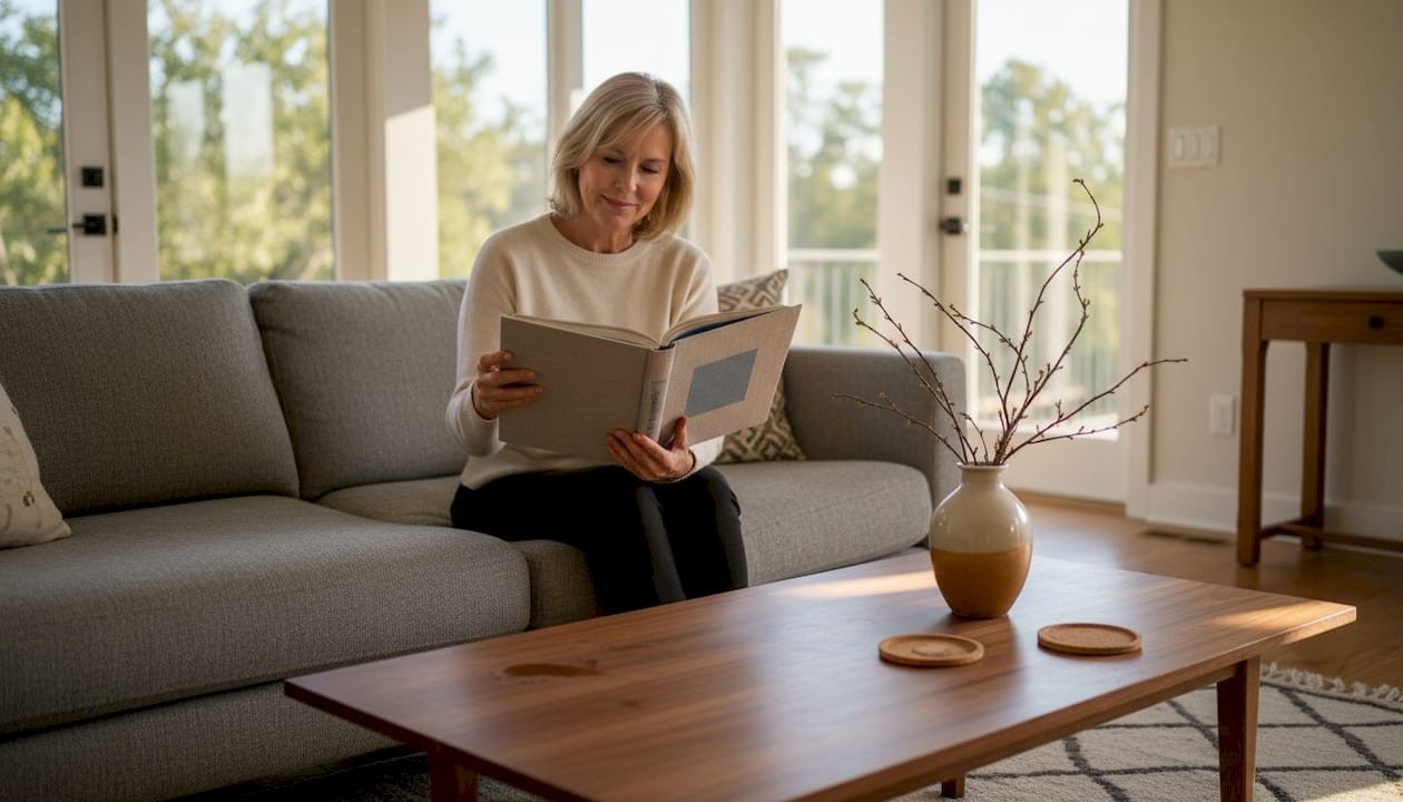 Woman reading in elegant living room