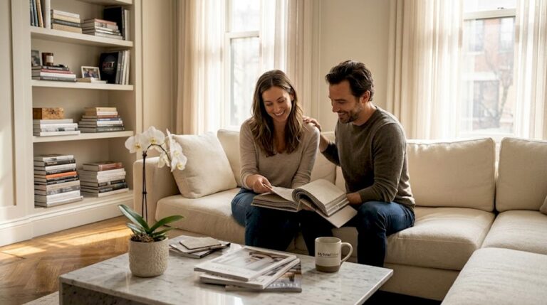 Couple reviews decor in luxury living room