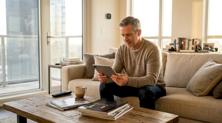 Person adjusting smart home lighting in living room