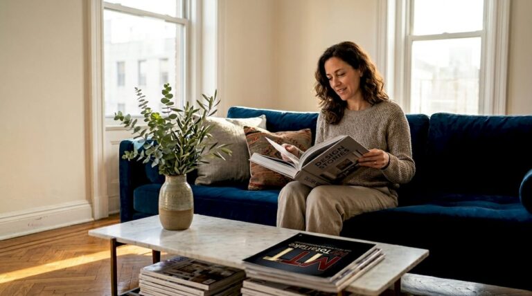 Woman reading design book in sunlit home
