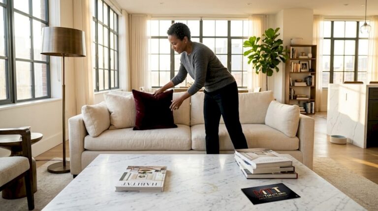 Woman arranging pillow in elegant luxury living room