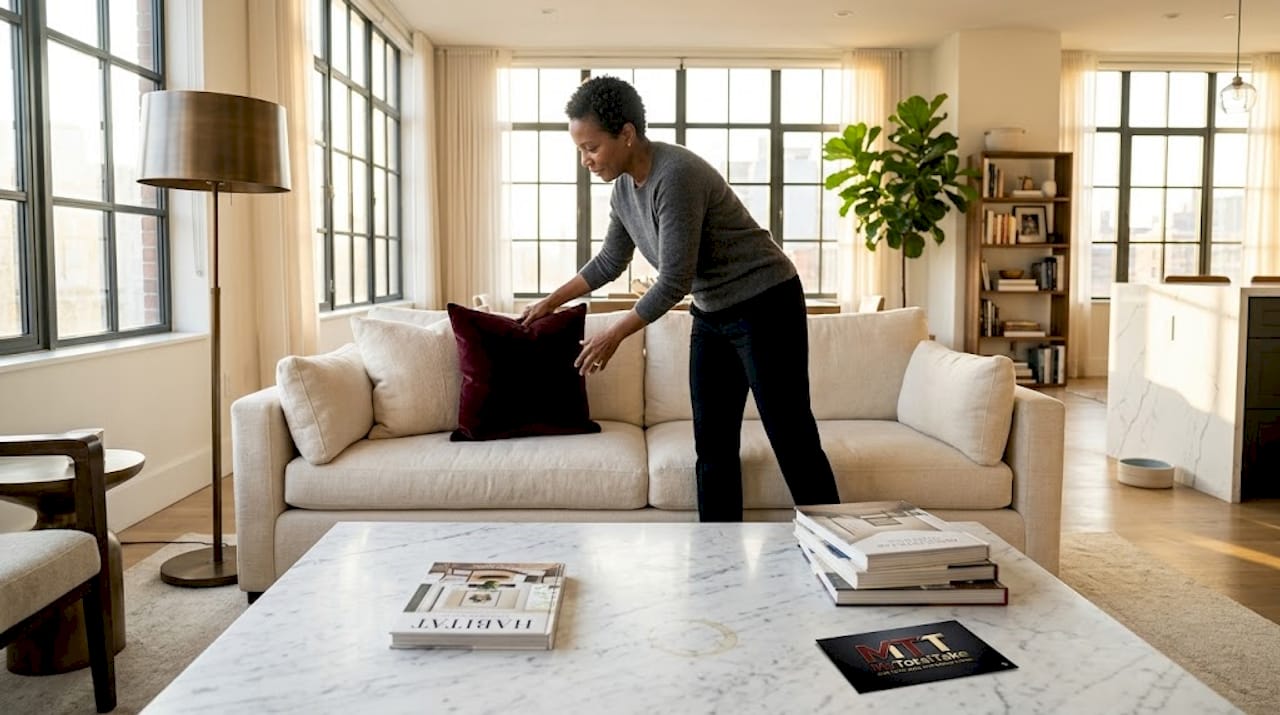 Woman arranging pillow in elegant luxury living room