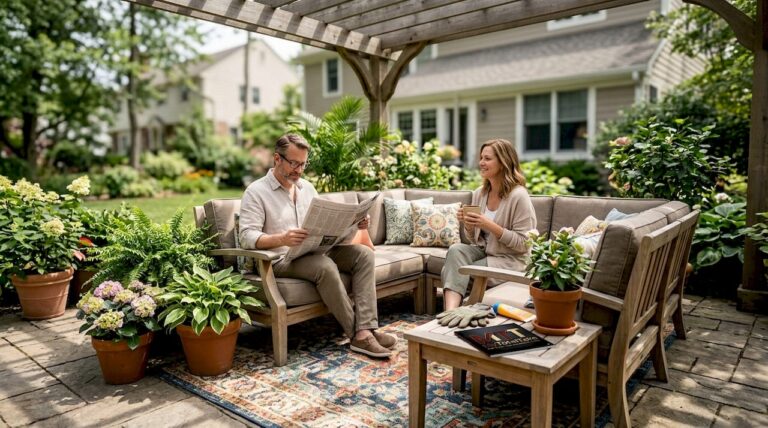 Luxury outdoor furniture scene in backyard