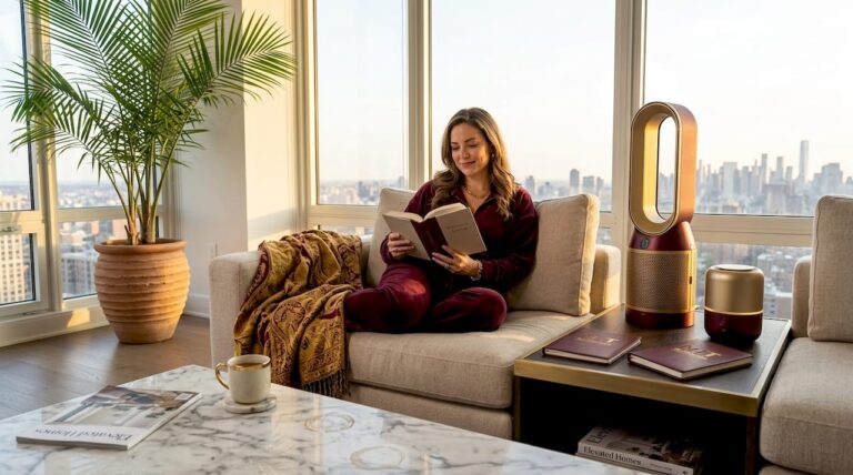 Relaxed woman in luxury living room with wellness devices