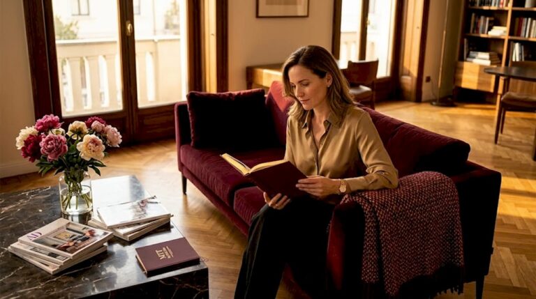 Woman reading in luxury living room with velvet sofa