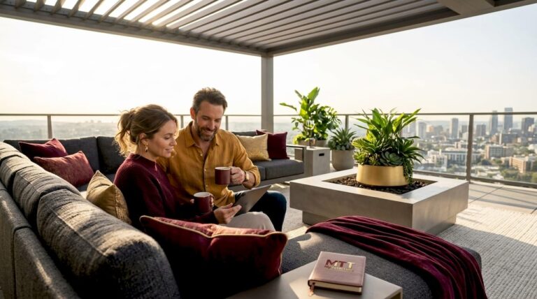 Couple relaxing on luxury rooftop patio