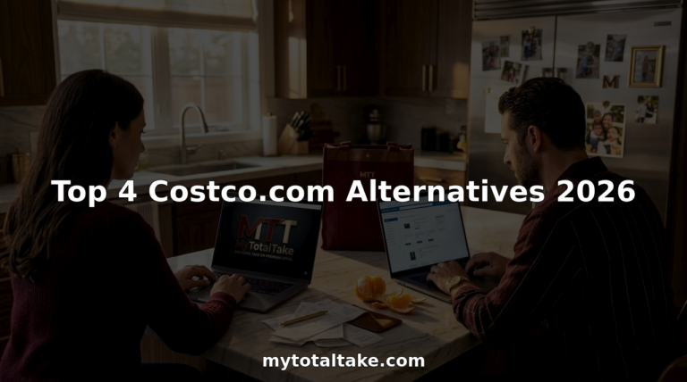 Couple comparing wholesale shopping sites at kitchen