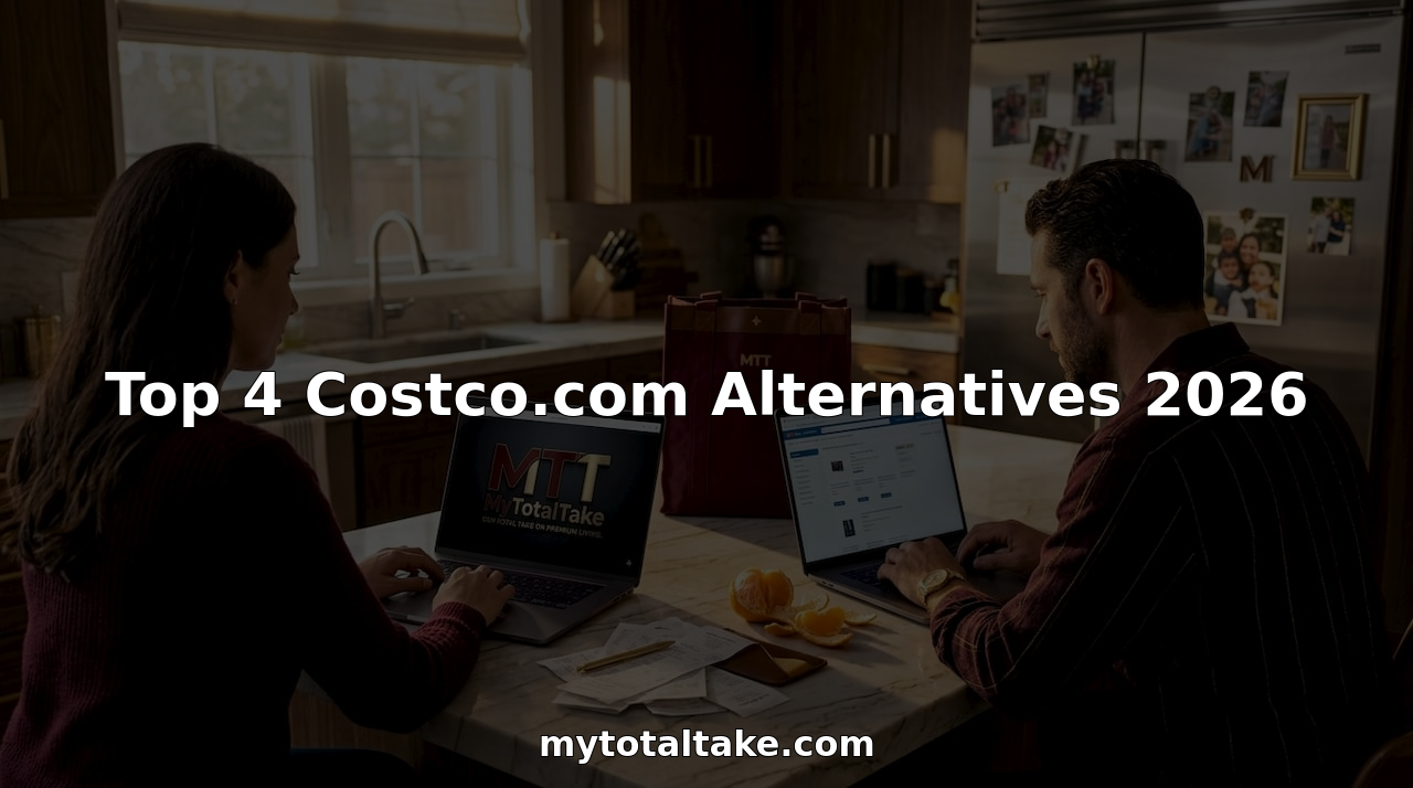 Couple comparing wholesale shopping sites at kitchen