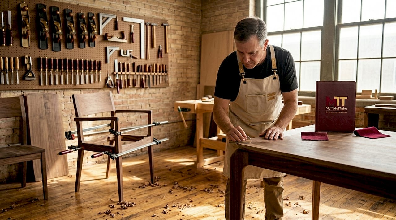 Artisan sanding handmade walnut table in studio