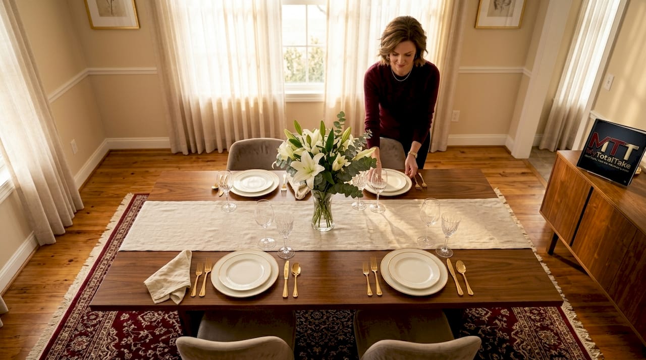 Person setting luxurious tableware at dining table
