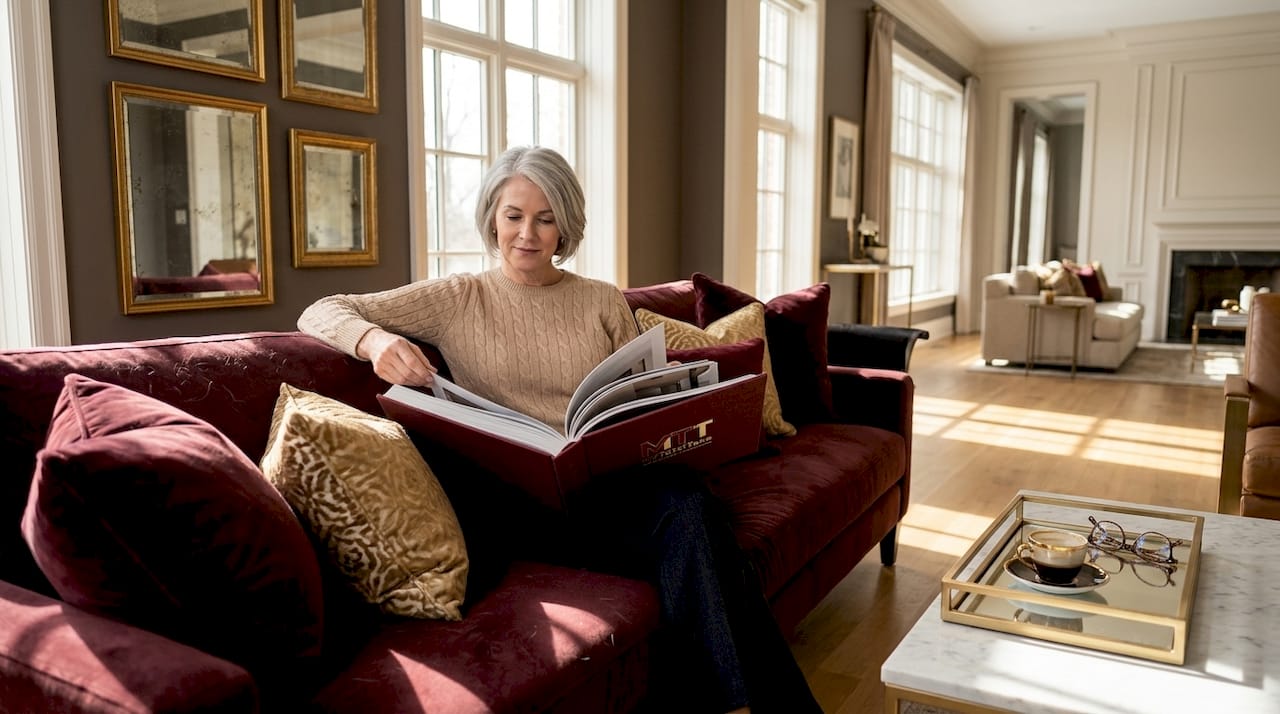Woman relaxes in elegant luxury home living room