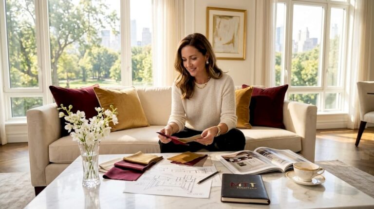 Woman curating luxury living room decor