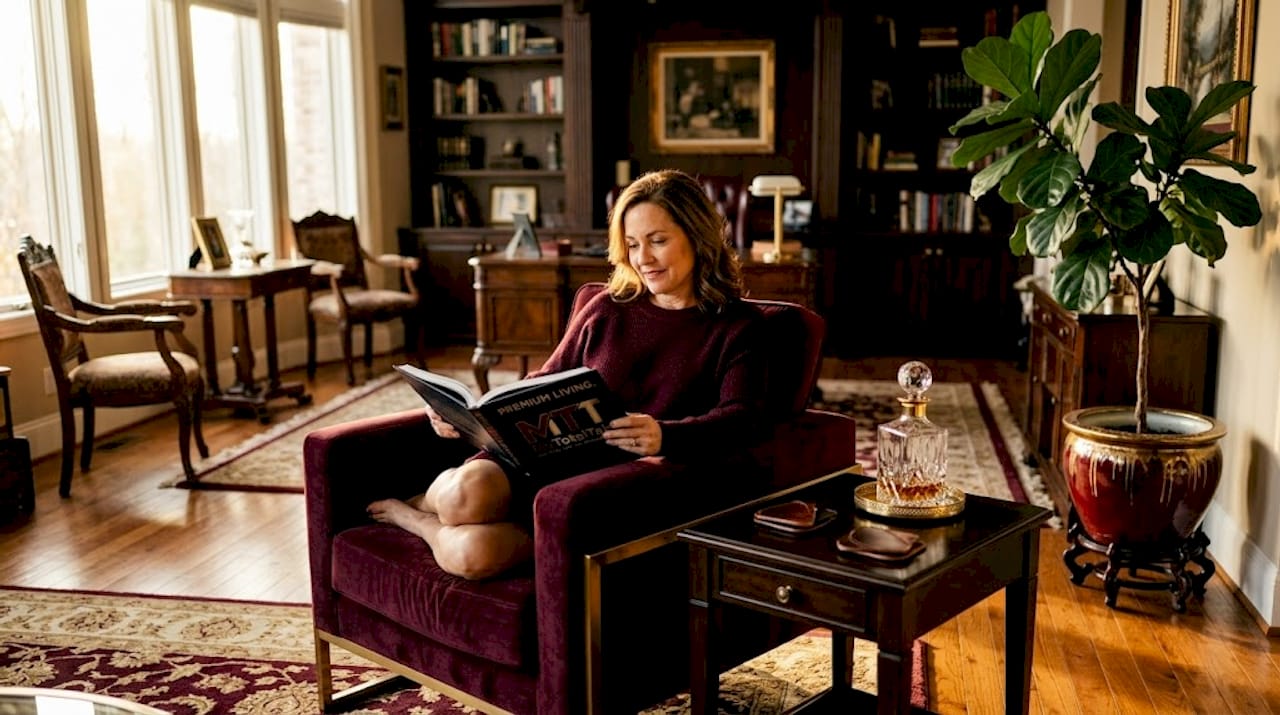 Woman reading on luxury velvet sofa