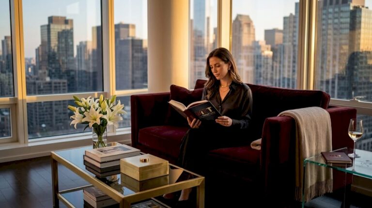 Woman reading in luxury living room with sunlight
