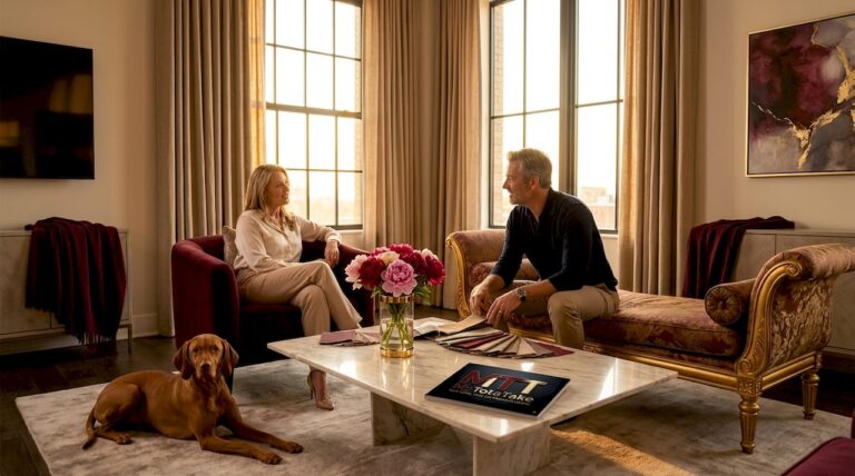 Affluent couple reviews decor in stylish living room