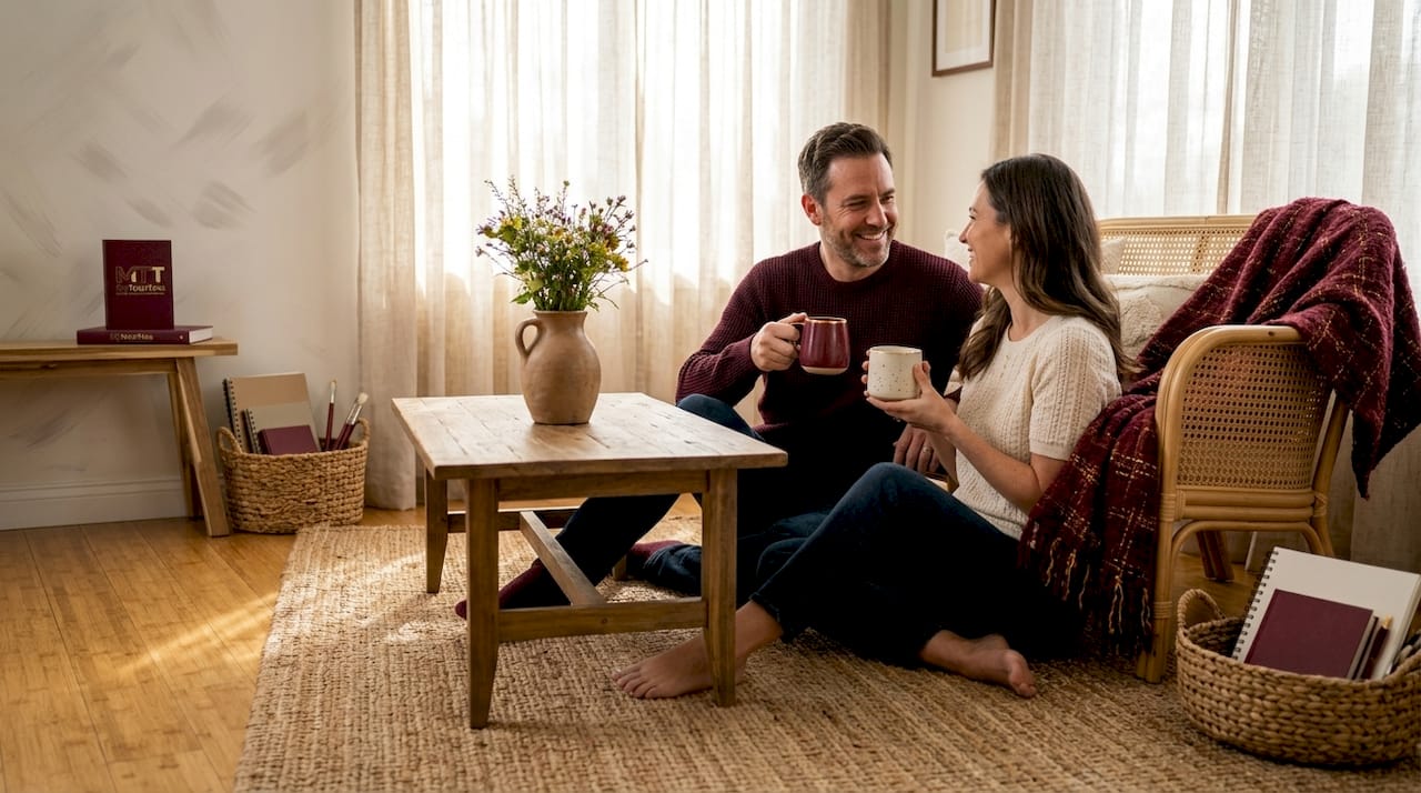 Cozy living room with artisanal decor and couple