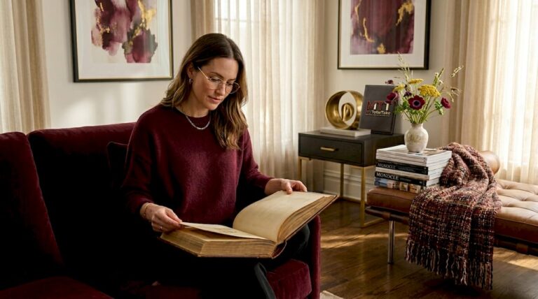 Woman reading in carefully curated living room