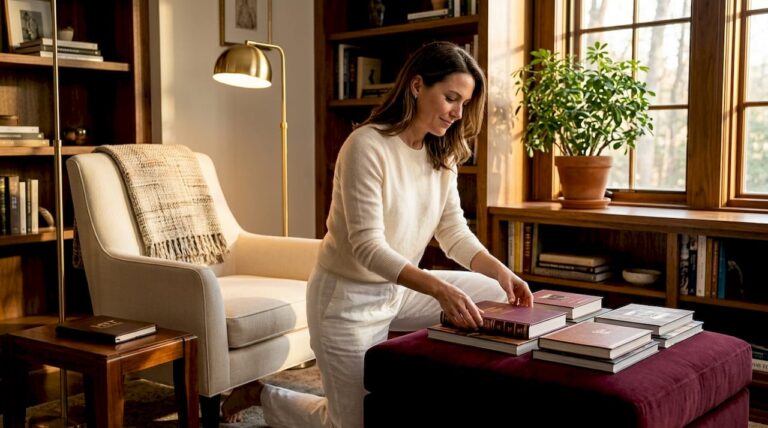 Woman organizing decor in sophisticated living room
