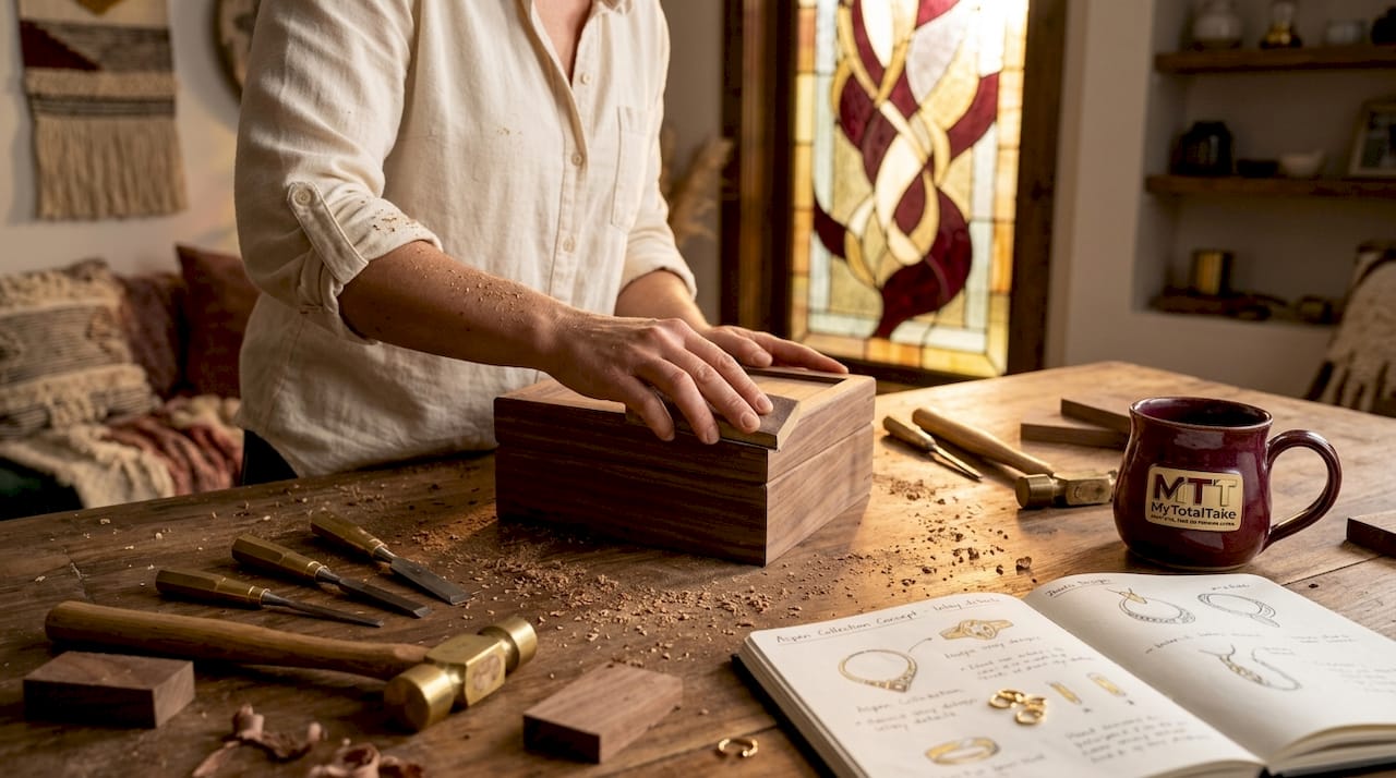 Artisan sanding wood jewelry box in sunny studio