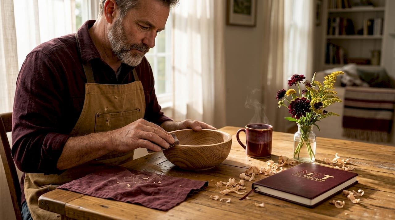 Artisan sanding wood bowl in sunlit dining room