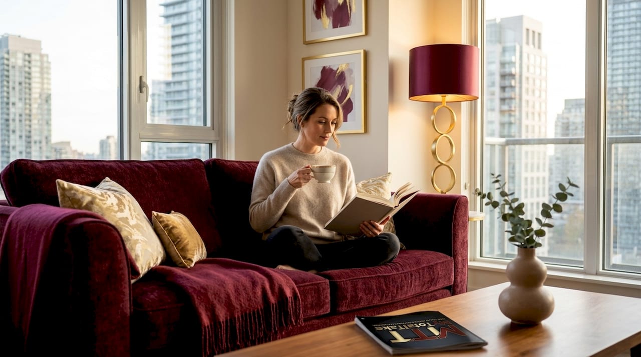 Woman reading in modern warm living room