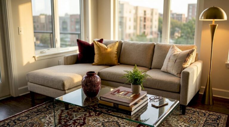 Styled upscale living room with decorative pillows and table decor