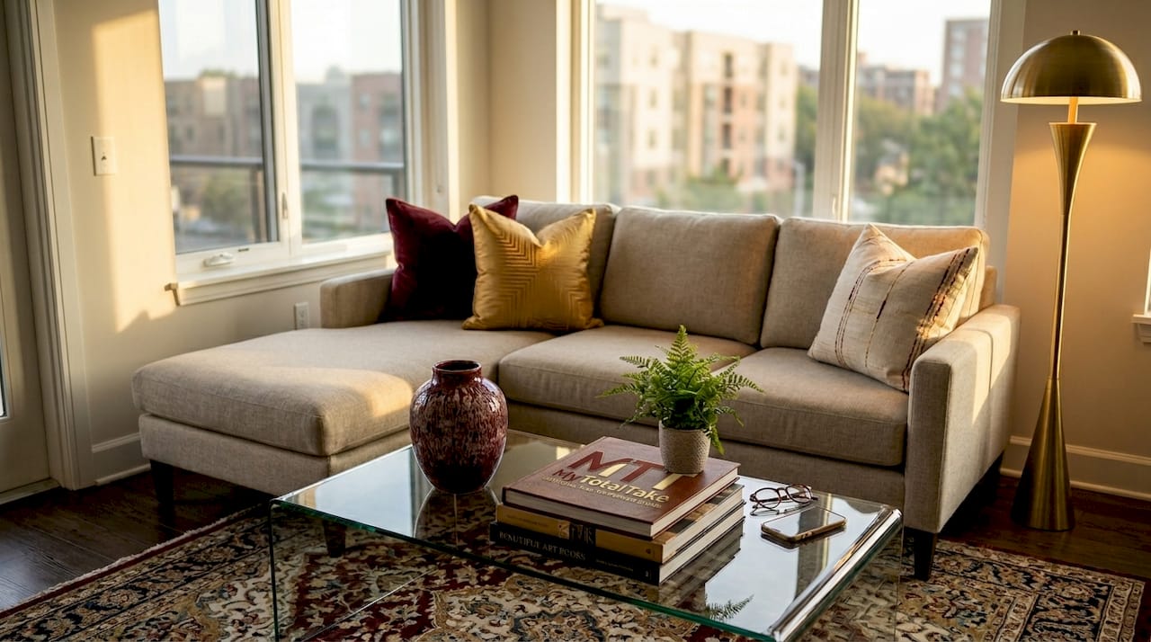 Styled upscale living room with decorative pillows and table decor
