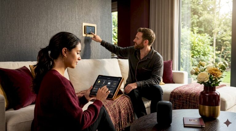 Couple using smart home devices in living room