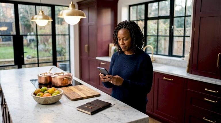 Woman using smart device in luxury home