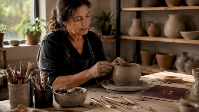 Artisan shaping handmade pottery in workshop