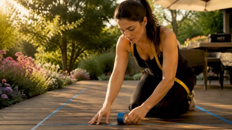 Woman marking outdoor zones with tape on patio