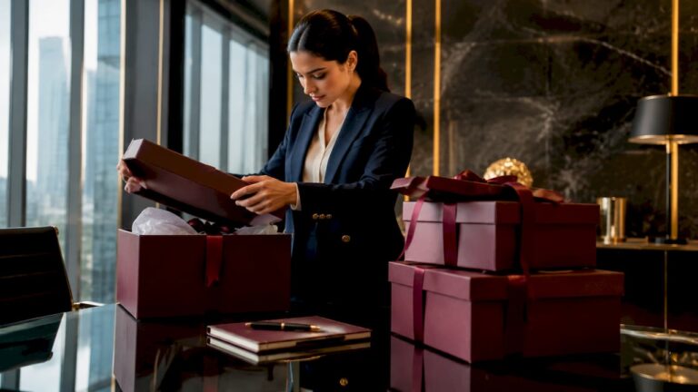 Woman inspecting luxury delivery package in warehouse