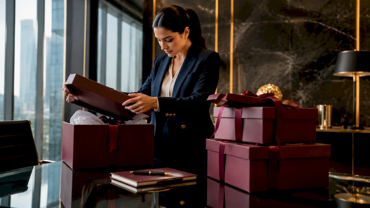 Woman inspecting luxury delivery package in warehouse