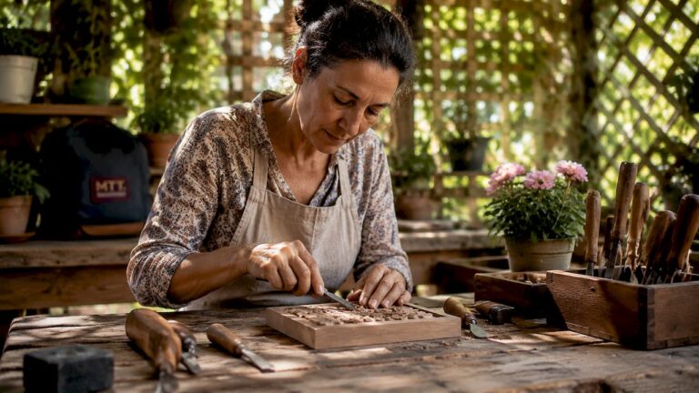Craftsperson carving wood in heritage workshop