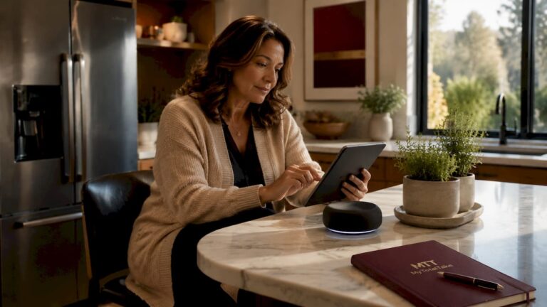 Woman controlling smart home devices with phone