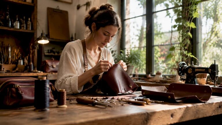Artisan hand-stitching luxury handbag in atelier