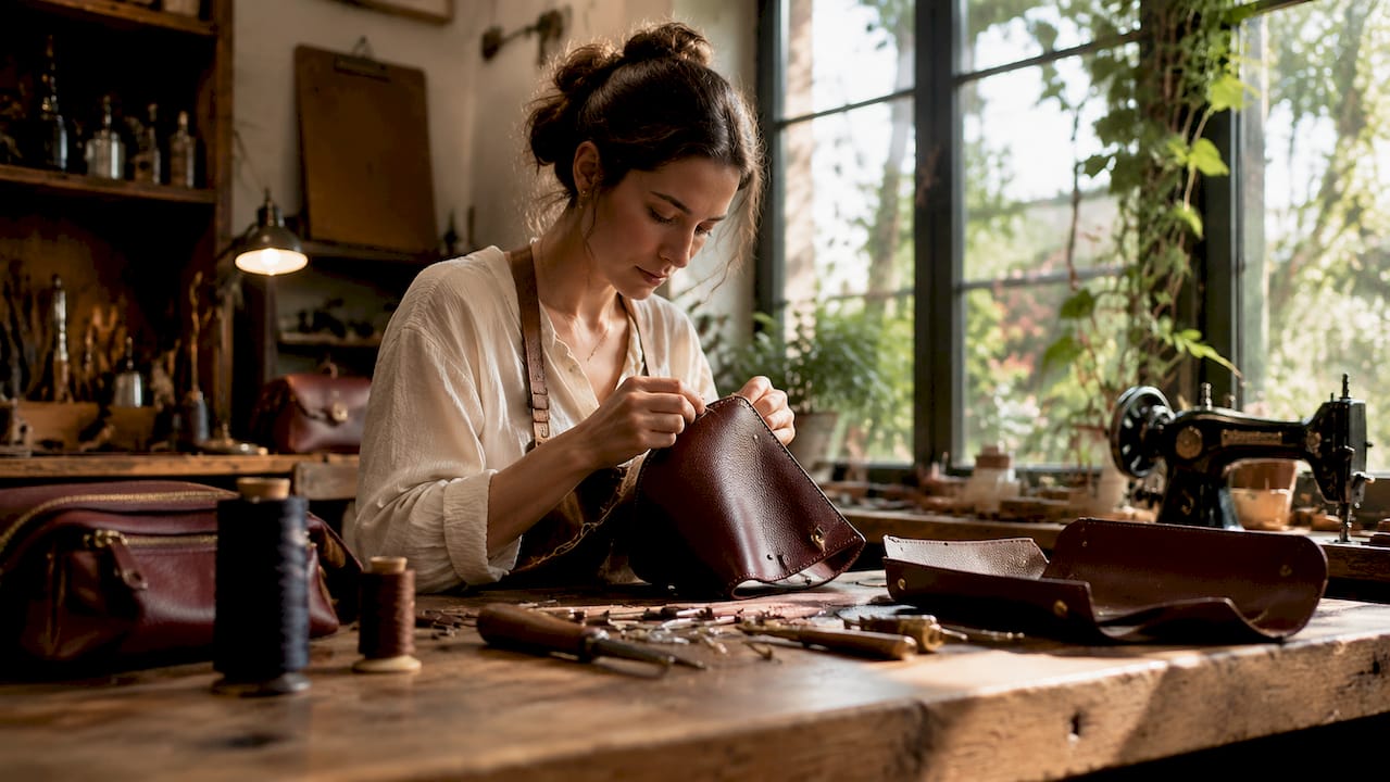 Artisan hand-stitching luxury handbag in atelier