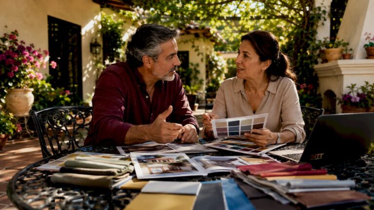 Couple planning home improvements at dining table