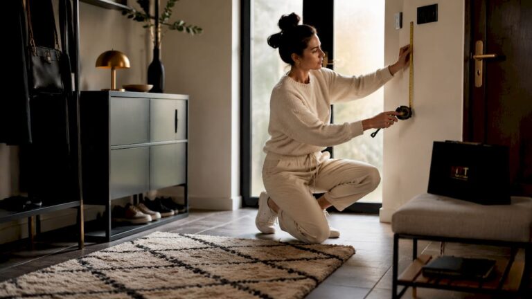 Woman measuring home entryway wall space