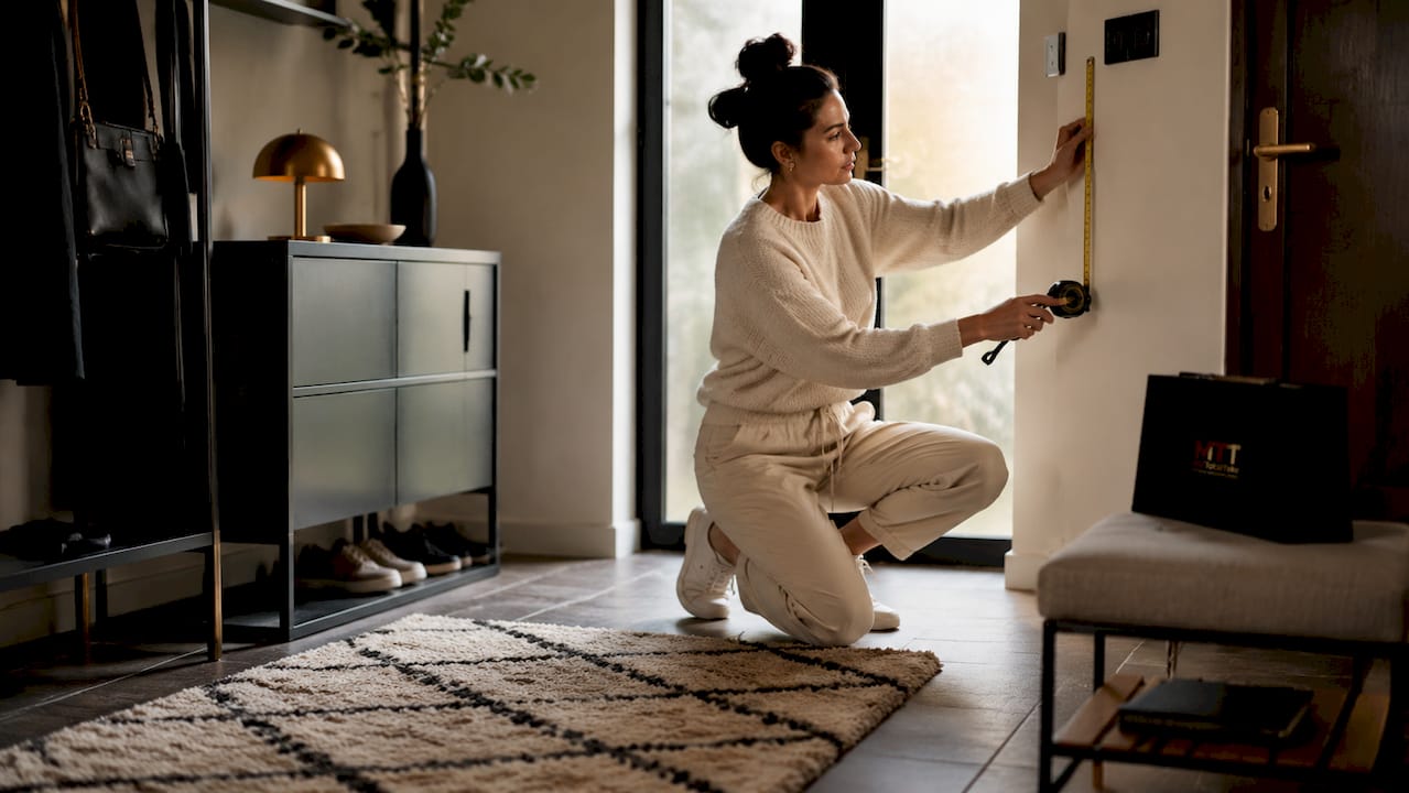 Woman measuring home entryway wall space