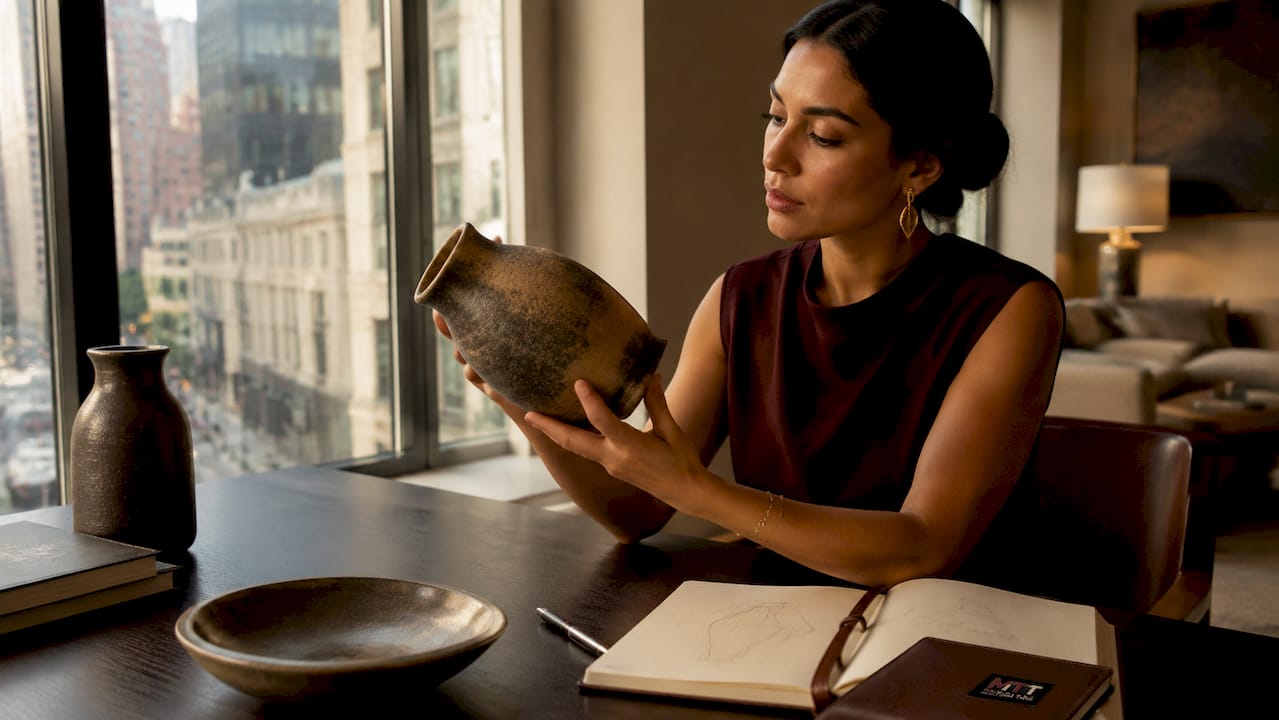 Woman examining handcrafted home decor item
