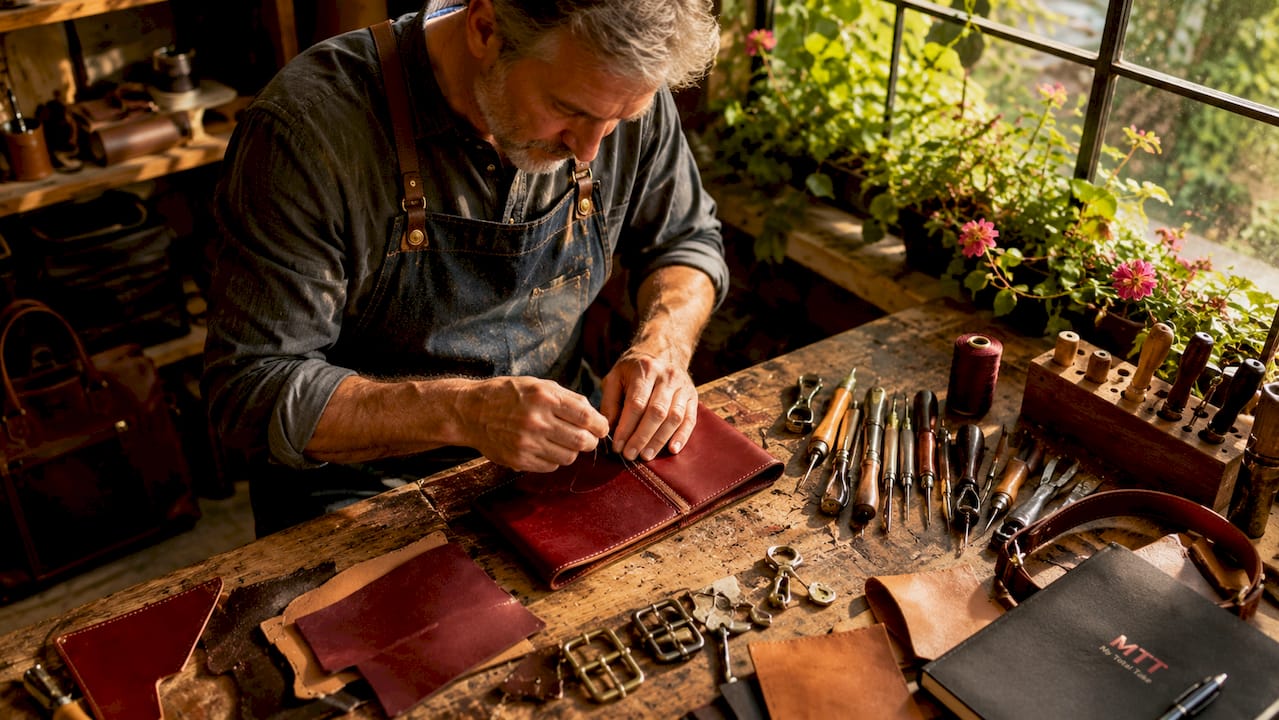 Artisan sewing luxury leather handbag at workbench