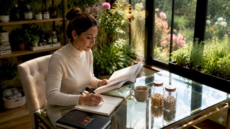 Woman researching luxury wellness products at desk