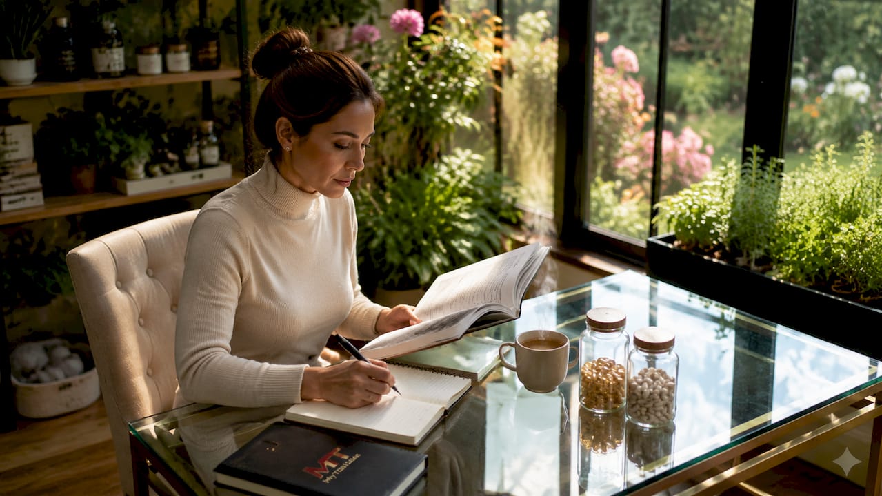 Woman researching luxury wellness products at desk