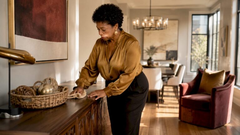 Woman dusting designer wooden furniture