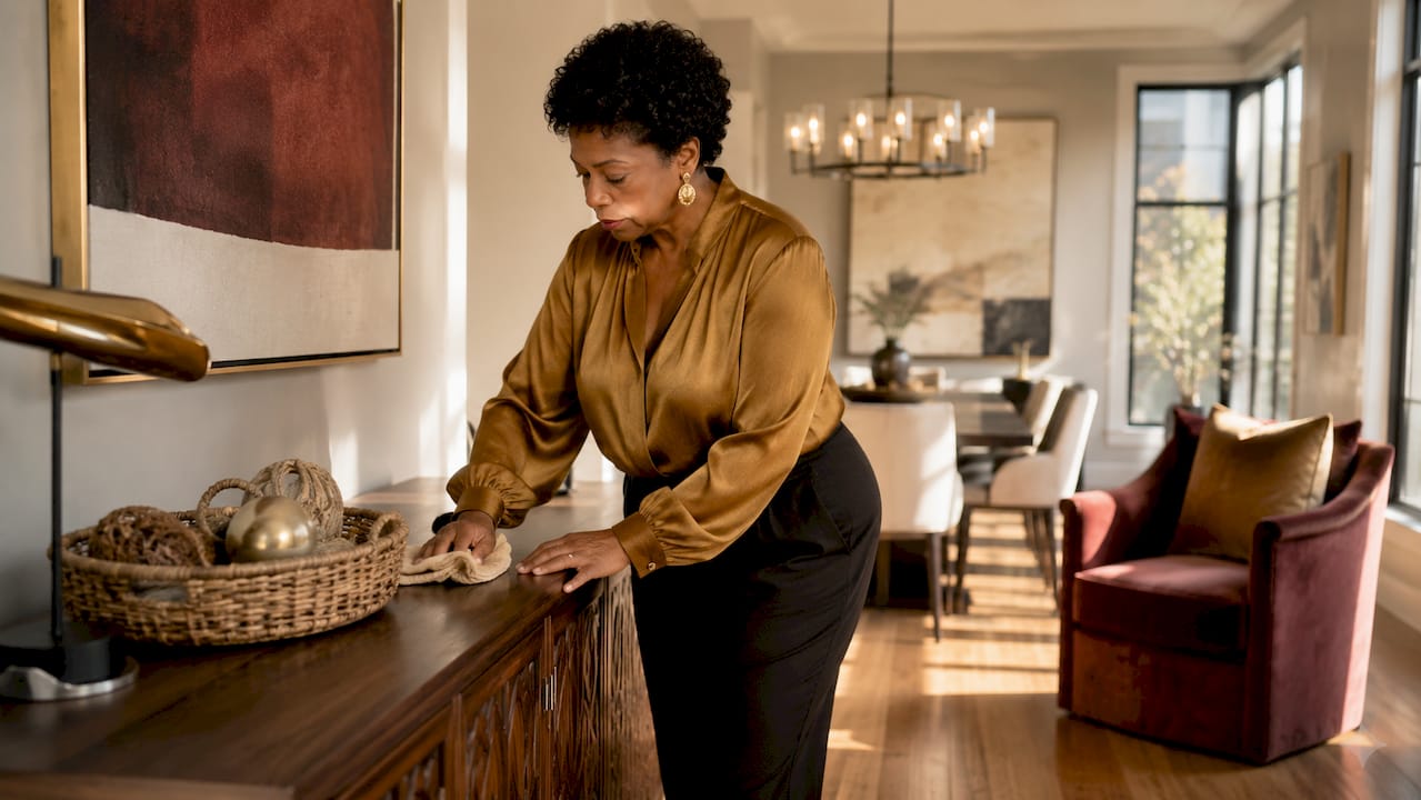 Woman dusting designer wooden furniture