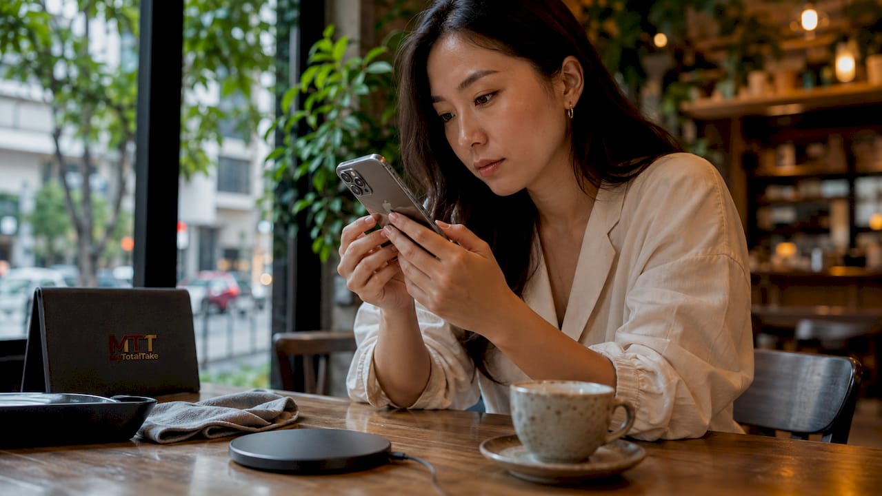 Woman inspecting premium smartphone closely at home