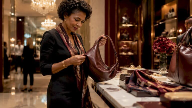 Woman examining luxury leather handbag in boutique