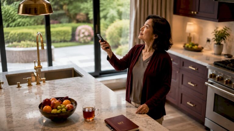 Woman controlling smart home devices in living room