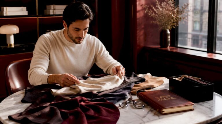 Buyer examining luxurious fabric samples by table
